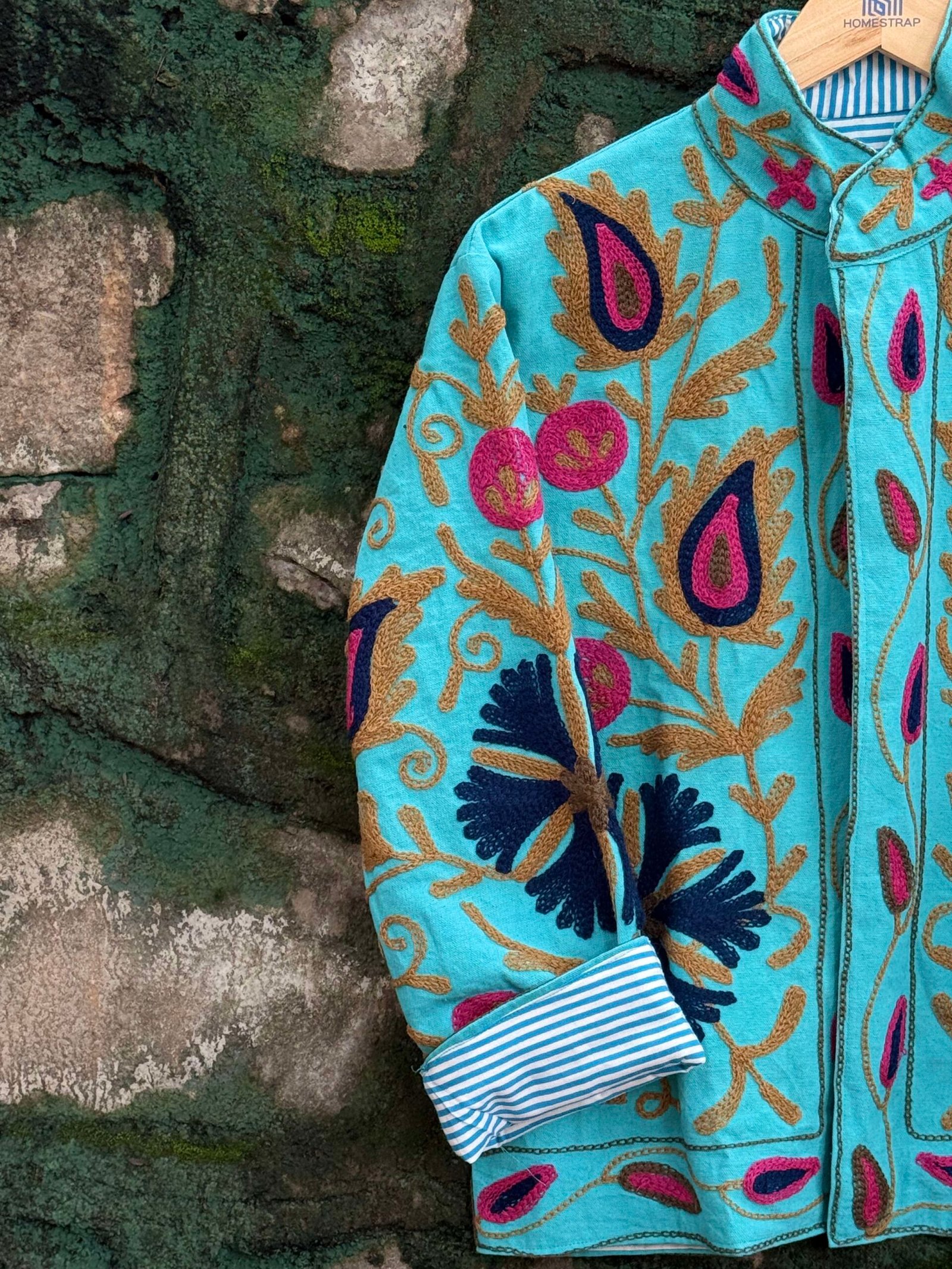 Womens Teal Blue Velvet Embroidered Jacket with Floral Design - Image 7