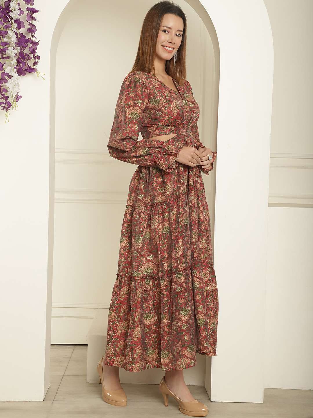 Women's Silk Printed V-Neck Long Bell Sleeves Tiered Maxi Dress Gown (Dark-Maroon) - Image 4